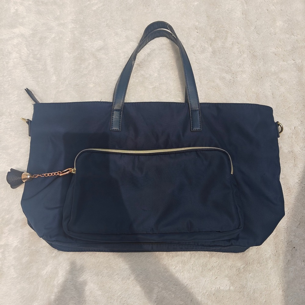 Estee Lauder Navy Blue Recycled Nylon Tote Bag Gold Hardware Flower Charm Large